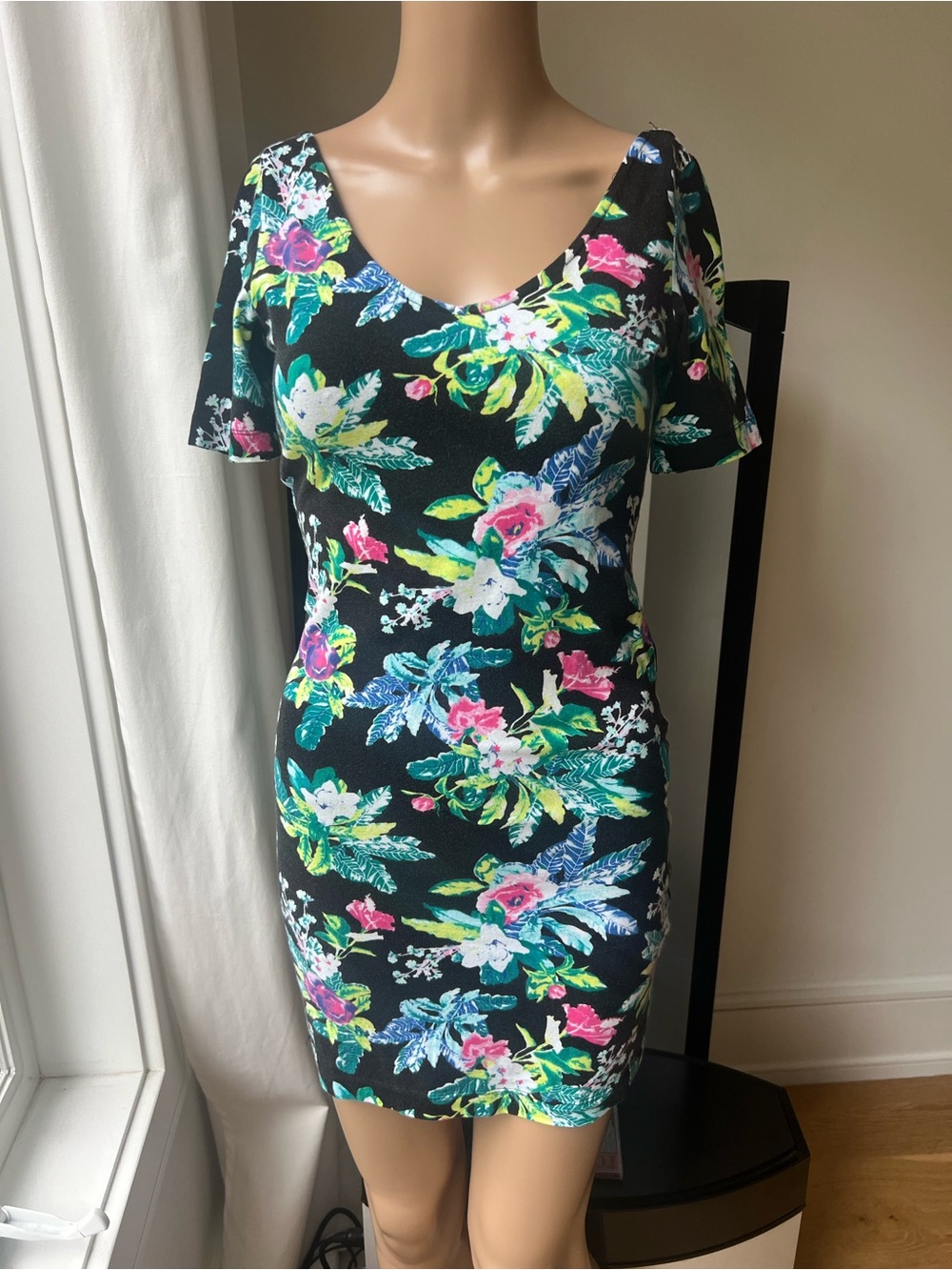 H&M Black Floral Scoop-Neck Mini Dress